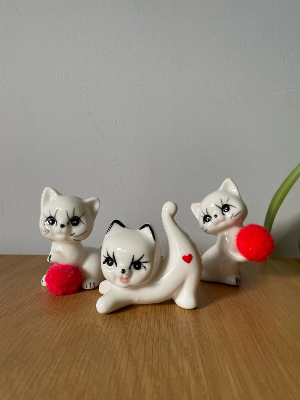 Vintage Anthropomorphic Kitschy Cat Kitten Figurines with Red Pom-Poms & Heart